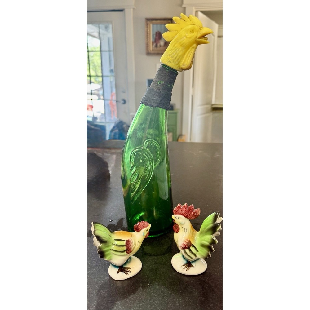 Vintage Rooster Decanter Green Glass Bottle Chicken Head Salt Pepper Shakers